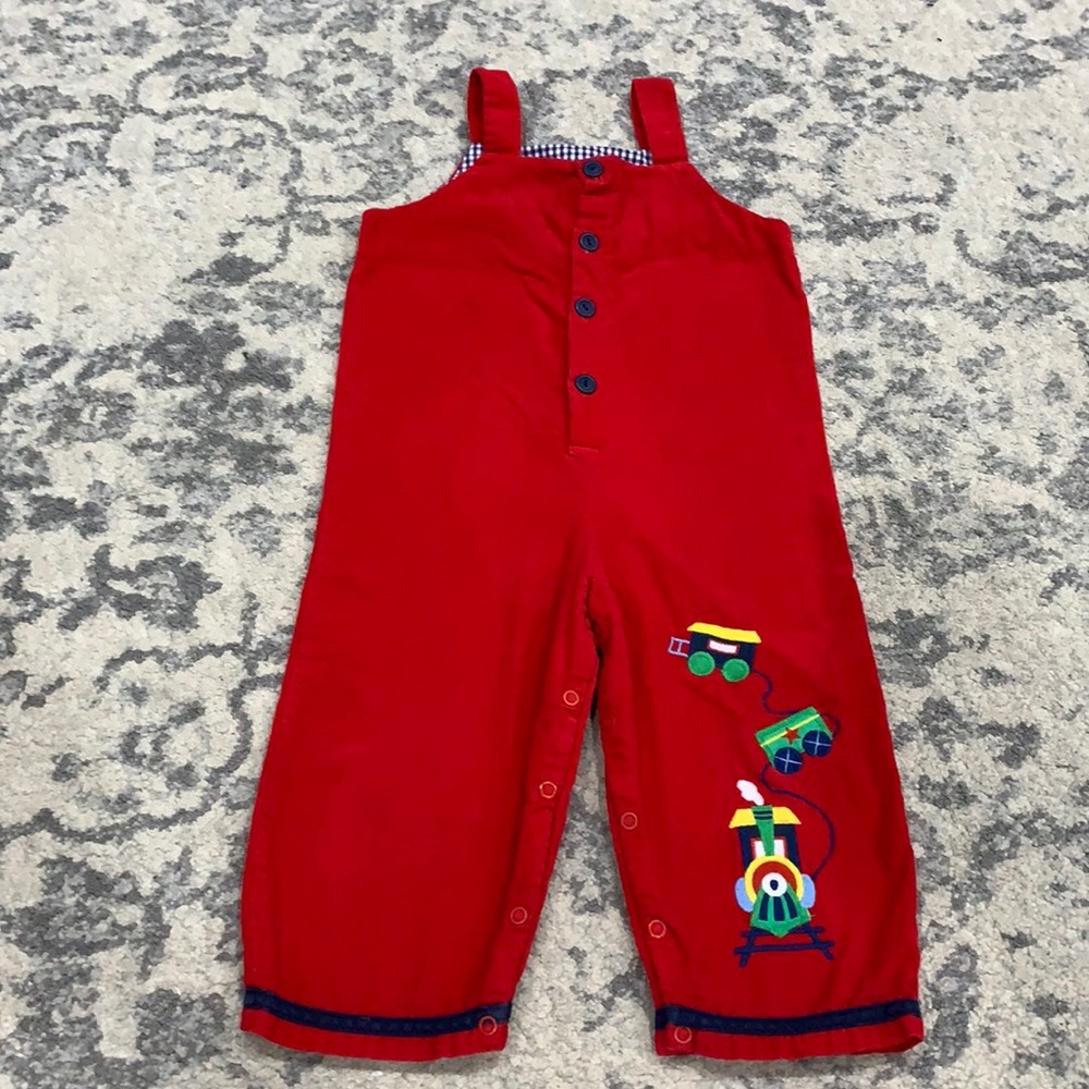Vintage Boys Size 3 Corduroy Red Overalls w/ Train